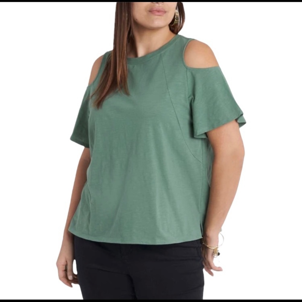 VINCE CAMUTO Plus Size Short Sleeve Cold Shoulder Knit Top In Lush Eden …